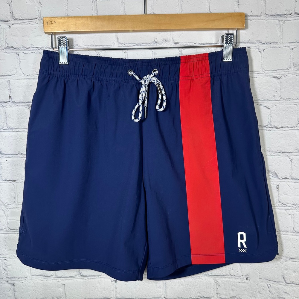 Rhone Mens Navy‎ Blue Red Colorblock Athletic Gym Shorts Elastic Waist Medium